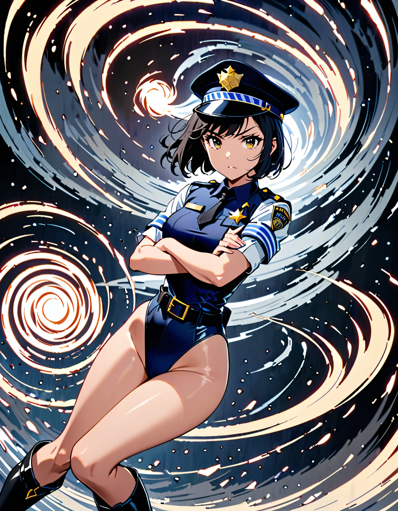 (masterpiece), (best quality), (high res),1girl, tall body, ((short hair, bob hair, jet black hair)), (hazel eyes) beautiful detailed eyes, beautiful detailed face, cute face, perfect hands, complete fingers, perfect anatomy, perfect proportions, ((hat, black police hat)), ((leotard, matching leotard, bare legs)), ((boots, matching boots)), breasts, medium breasts, fingerless gloves, (full body portrait), looking at viewer, solo, solo focus, police uniform, cowboy shot, (belt, tight belt), (armbands, white sleeves), serious, crossed arms, full body costume design. ahoge, spins in place like a tornado, she spins at an incredible speed, creating a whirlwind of air around her,spiral lines around,cyclone winds around,tornado spinning.