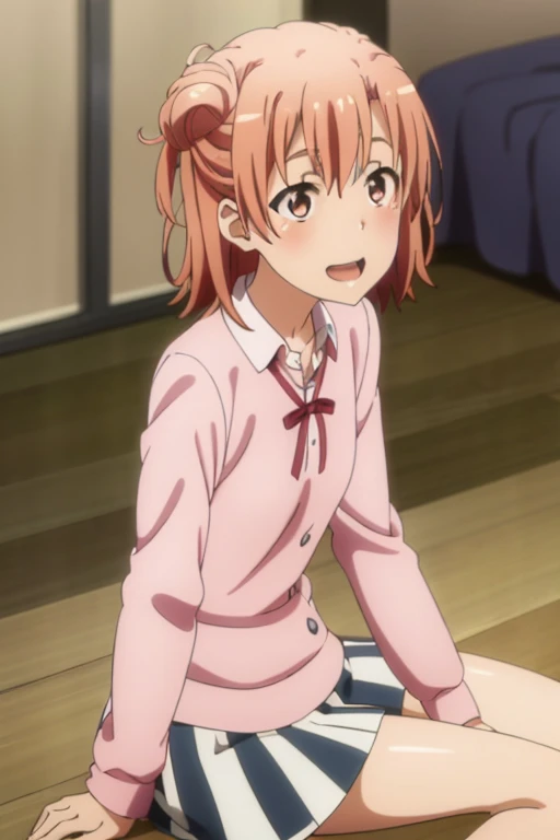 ((highest quality)), ((masterpiece)), (be familiar with), Perfect Face, indoor, Bedroom, Watching the audience,
One woman, Yuigahama Yui,
Open Mouth, Ecstatic expression, blush, smile,
Small breasts, Flat Chest, Young Girl, , , Girl,
Short Hair, Salmon-colored hair, Salmon-colored eyes, Side Pony,
Leg spread,