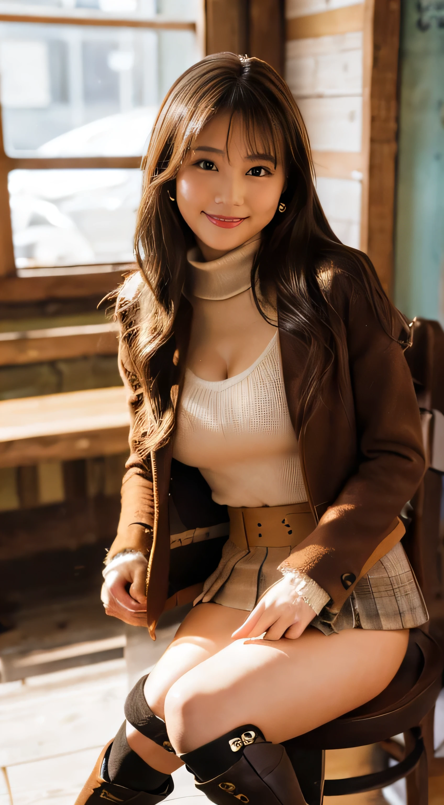 (Photorealistic), (ultra high realistic), (Ultra high definition), (ultra high detailed), (Increase contrast), (Increase saturation), (15yo girl), (light skinned)A pretty woman with perfect figure, Cute face, Beautiful expression, (Lifelike face), Beautiful hairstyle, Realistic eyes, beautiful detail, (real looking skin), Beautiful skins, enticing, The ultra -The high-definition, A hyper-realistic, Realistic, Very detailed, Japanese, semi long hair, bangss), (Cute idol with Japan walking in light brown wool coat and knee-high boots, Tartan check)((a miniskirt:1.5)) Gentle smile, Brown hair, ( earrings ), (super model figures below:1.3, Stylish coffee shop、The cleavage is boldly visible、beutiful breast、thin-waist、Sitting cross-legged in a chair