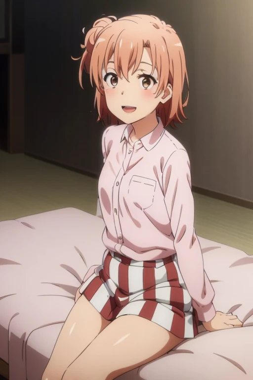 ((highest quality)), ((masterpiece)), (be familiar with), Perfect Face, indoor, Bedroom, Watching the audience,
One woman, Yuigahama Yui,
Open Mouth, Ecstatic expression, blush, smile,
Small breasts, Flat Chest, Young Girl, , , Girl,
Short Hair, Salmon-colored hair, Salmon-colored eyes, Side Pony,
Leg spread,