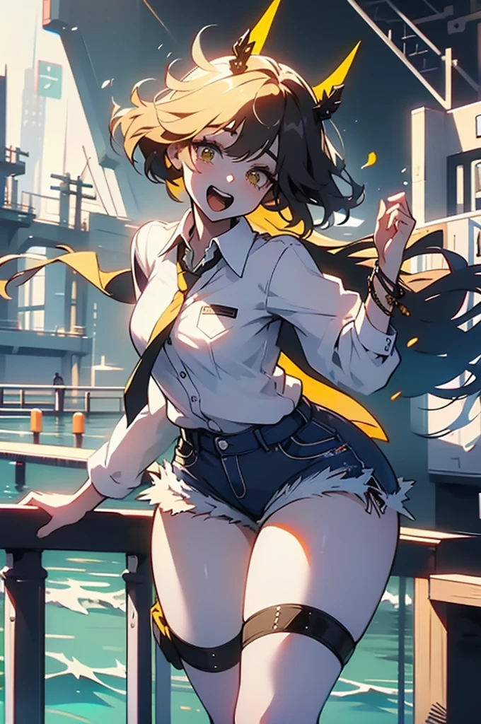 (masterpiece:1.1), (highest quality:1.1), (HDR:1.0), 1girl, perfect body, laugh, open mouth, (wearing white button_shirt with yellow tie), cut off denim shorts:0.5, sneakers, attractive, stylish, designer, black, asymmetrical, waterfront walkway, SAM YANG, Female, hmnc1, High detailed, full leg tattoos:1.5,retrobigguns, pastel color theme