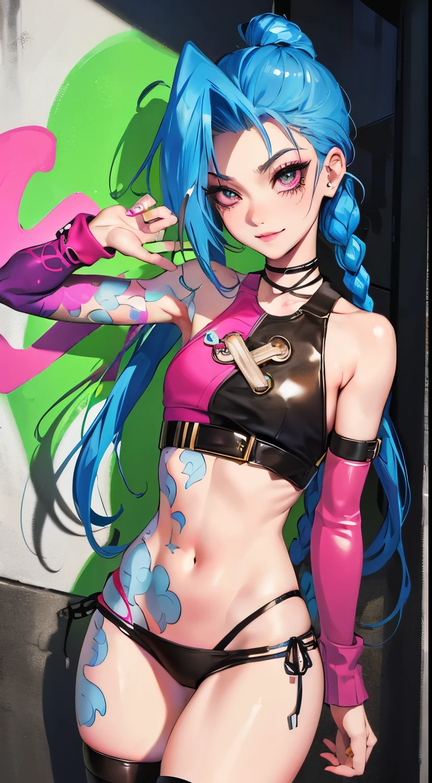Jinx,Fleshy thighs,Poster publicity style,Ingram,Pose,Ultra shorts,Simetall,Street graffiti,Happy expression