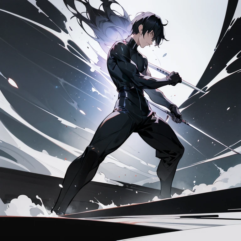 man in a black and white outfit, Inspired by Ryusei Kishida, trending on pixiv, shin hanga, amazing character, powerful stance, black and white manga page, most strongest pose, Genos from one punch man, man with sword, battle stance, standing still