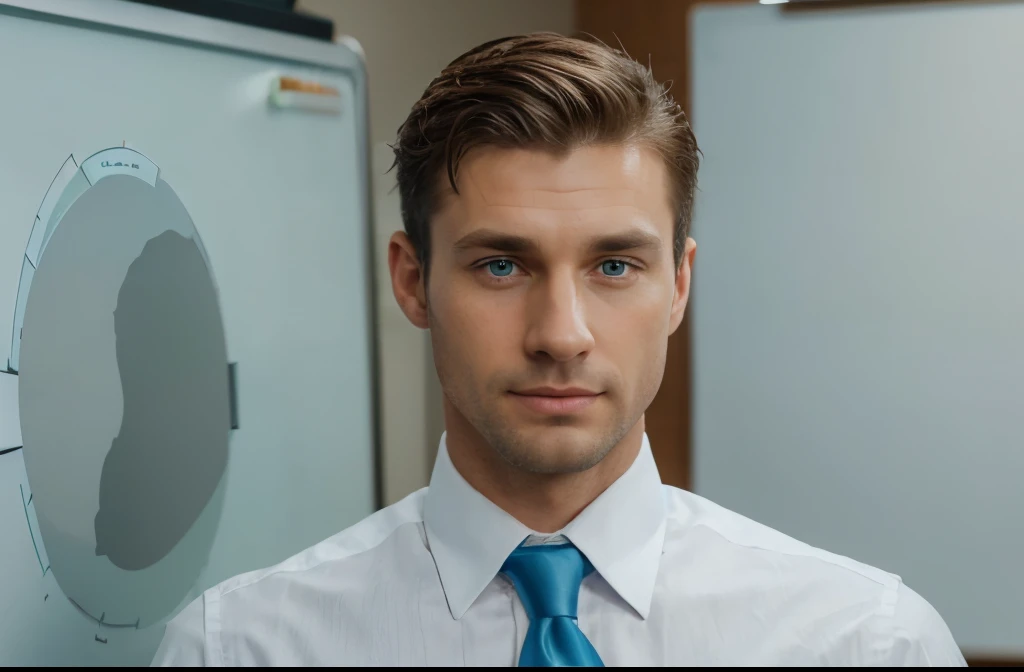 handsome 35 year old desirable caucasian man with distinguished features, (in an office), ((standing off center, next to a white board)), looking straight ahead, (blue dress shirt and tie), athletic build, tall height, light brown medium length hair, clean cut haircut, (shaved face), (intriguing green eyes),  seductive smile with a gentle expression, detailed depiction of facial features, perfectly symmetrical face, crisp details, ultra-fine rendering, studio lighting which masterfully accentuates his excellent features,