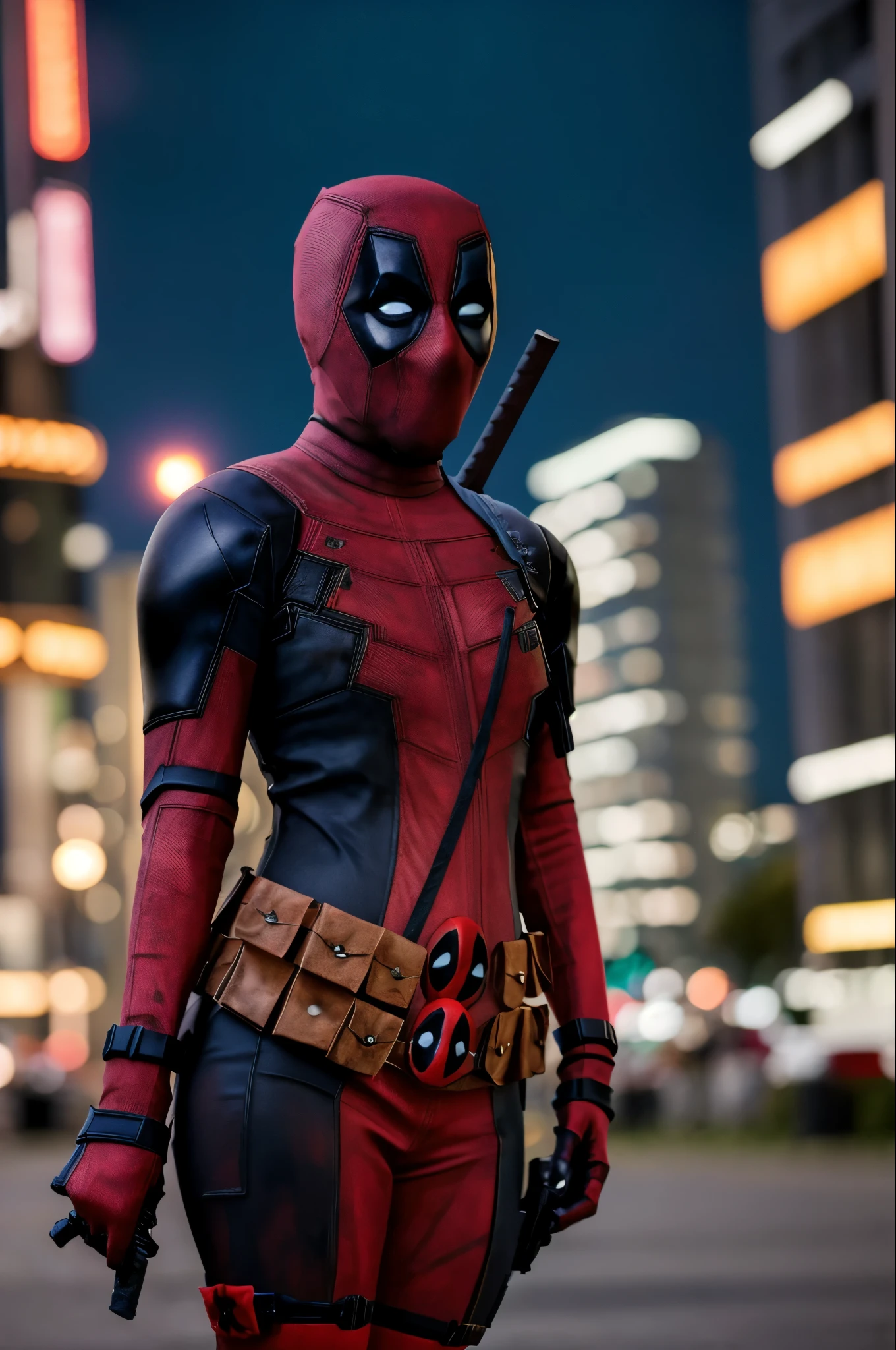 A woman , (wearing deadpool_cosplay_outfit:1.3), good hand,4k, high-res, masterpiece, best quality, head:1.3,((Hasselblad photography)), finely detailed skin, sharp focus, (cinematic lighting), night, soft lighting, dynamic angle, [:(detailed face:1.2):0.2],(((city environment))),