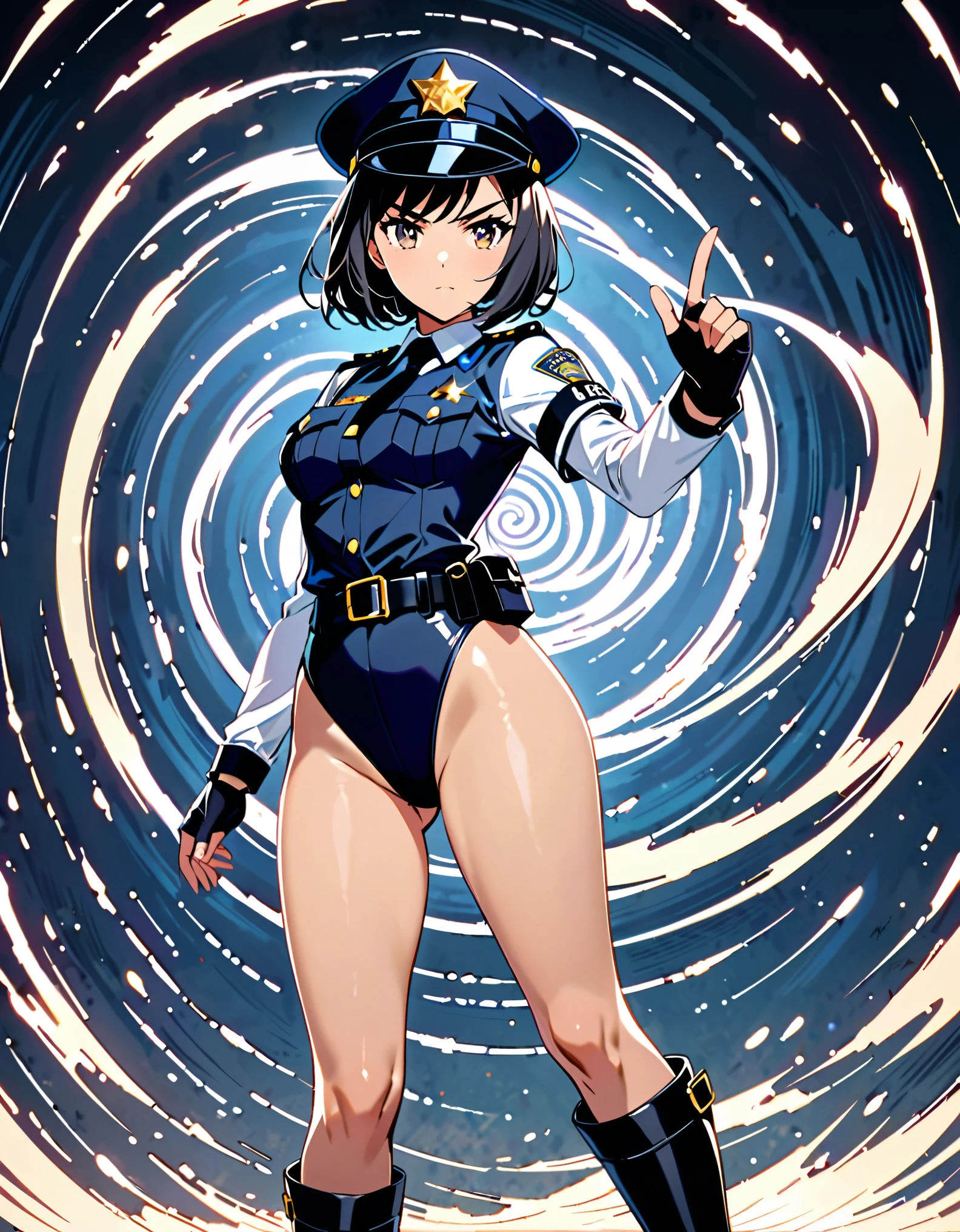 (masterpiece), (best quality), (high res),1girl, tall body, ((short hair, bob hair, jet black hair)), (hazel eyes) beautiful detailed eyes, beautiful detailed face, cute face, perfect hands, complete fingers, perfect anatomy, perfect proportions, ((hat, black police hat)), ((leotard, matching leotard, bare legs)), ((boots, matching boots)), breasts, medium breasts, fingerless gloves, (full body portrait), looking at viewer, solo, solo focus, police uniform, cowboy shot, (belt, tight belt), (armbands, white sleeves), serious, crossed arms, full body costume design. ahoge, spins in place like a tornado, she spins at an incredible speed, creating a whirlwind of air around her,spiral lines around,cyclone winds around,tornado spinning.