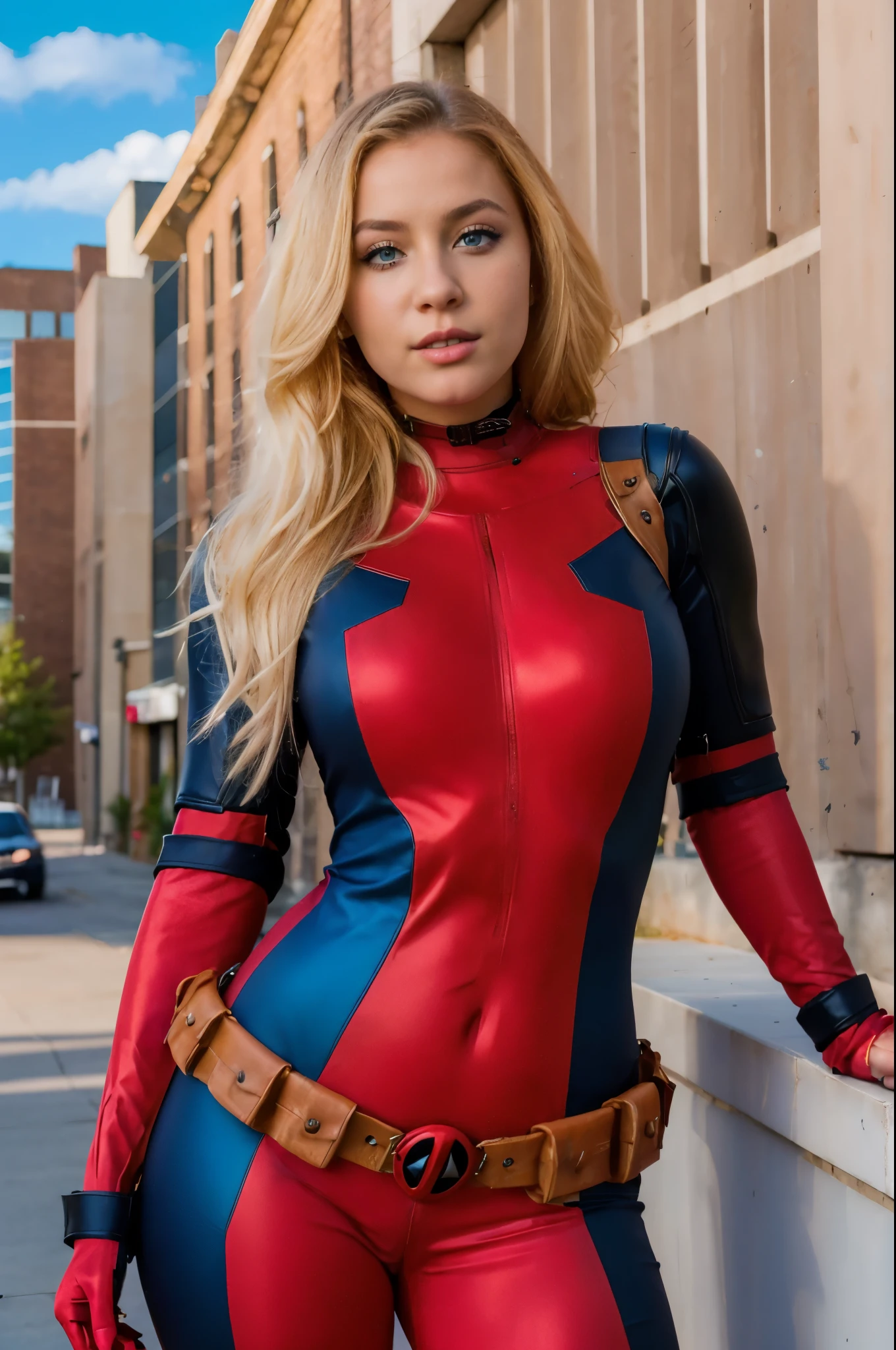 masterpiece, best quality, 1girl wearing deadpool costume, unmasked, blonde hair, blue eyes, upper body, city, blue sky 