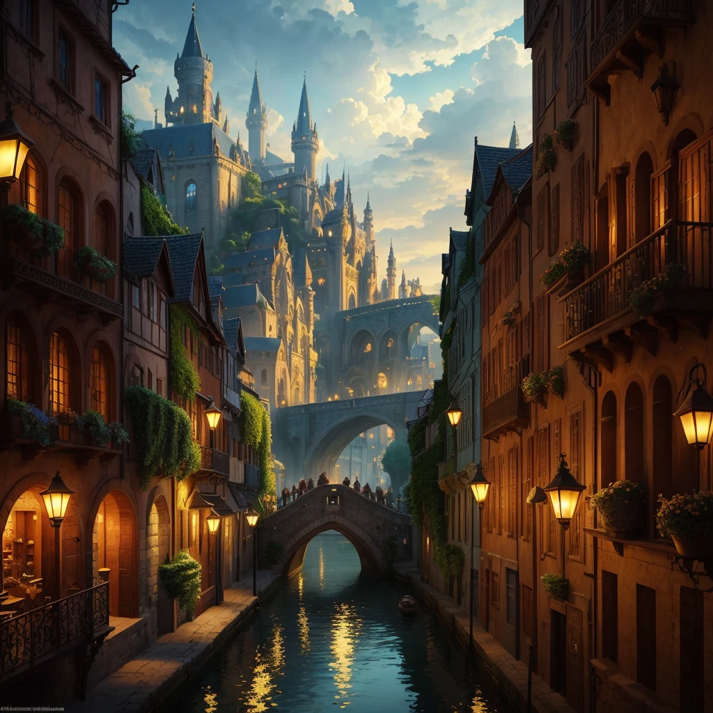 (best quality,4k,8k,highres,masterpiece:1.2),ultra-detailed,(realistic,photorealistic,photo-realistic:1.37),medieval fantasy city,bird's-eye perspective,grand architecture,ornate buildings,gargoyles,charming cobblestone streets, bustling markets,animated street vendors,imposing castle towers,majestic spires,massive city walls, crowning cathedral, picturesque canals,enchanted atmosphere, vibrant colors, warm sunlight streaming through clouds, intricate stone carvings,detailed rooftop gardens, billowing flags,fanciful flying creatures,cheerful townsfolk,gathering for a festival,waterfront lined with boats,reflecting shimmering lights,elaborate bridges connecting different districts,impressive city gates,arched doorways,temples with intricate mosaics, labyrinthine alleyways,whimsical clock towers, busy dockyards with cargo ships,marvelous fountains, mysterious hidden passages,royal procession parading through the streets,magical floating islands in the sky,dragon sculptures guarding the entrances,flickering lanterns illuminating the city at night,harmonious blend of old and new architecture,enchanted forest surrounding the city,unseen creatures lurking in the shadows,ethereal music filling the air, dreamlike ambiance, legendary heroes and mythical creatures,awe-inspiring panoramic views of the city from the hilltops[HDR,UHD,studio lighting,ultra-fine painting,sharp focus,physically-based rendering,extreme detail description,professional,vivid colors,bokeh,portraits,landscape,horror,anime,sci-fi,photography,concept artists],soft pastel hues,golden glow,softening shadows, warm white sunlight streaming through the clouds.