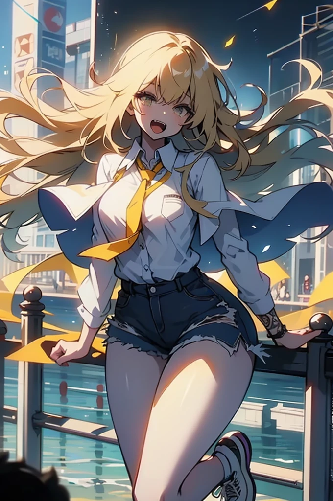 (masterpiece:1.1), (highest quality:1.1), (HDR:1.0), 1girl, perfect body, laugh, open mouth, (wearing white button_shirt with yellow tie), cut off denim shorts:0.5, sneakers, attractive, stylish, designer, black, asymmetrical, waterfront walkway, SAM YANG, Female, hmnc1, High detailed, full leg tattoos:1.5,retrobigguns, pastel color theme