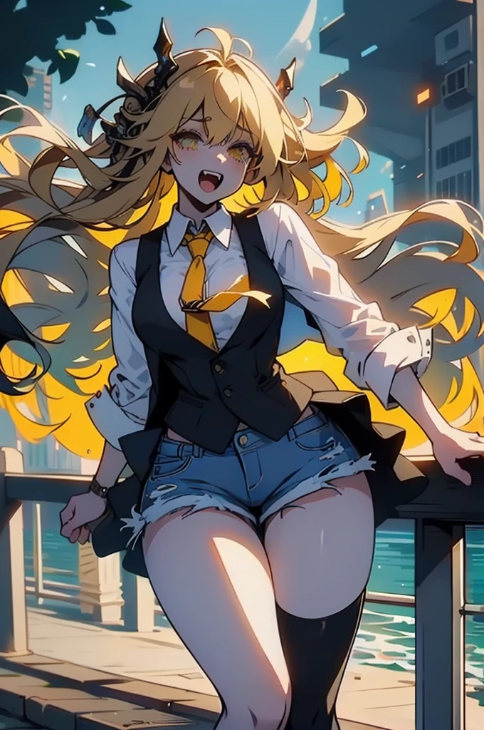 (masterpiece:1.1), (highest quality:1.1), (HDR:1.0), 1girl, perfect body, laugh, open mouth, (wearing white button_shirt with yellow tie), cut off denim shorts:0.5, sneakers, attractive, stylish, designer, black, asymmetrical, waterfront walkway, SAM YANG, Female, hmnc1, High detailed, full leg tattoos:1.5,retrobigguns, pastel color theme