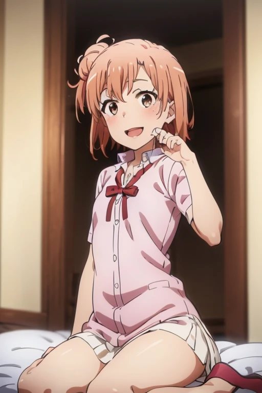 ((highest quality)), ((masterpiece)), (be familiar with), Perfect Face, indoor, Bedroom, Watching the audience,
One woman, Yuigahama Yui,
Open Mouth, Ecstatic expression, blush, smile,
Small breasts, Flat Chest, Young Girl, , , Girl,
Short Hair, Salmon-colored hair, Salmon-colored eyes, Side Pony,
Leg spread,