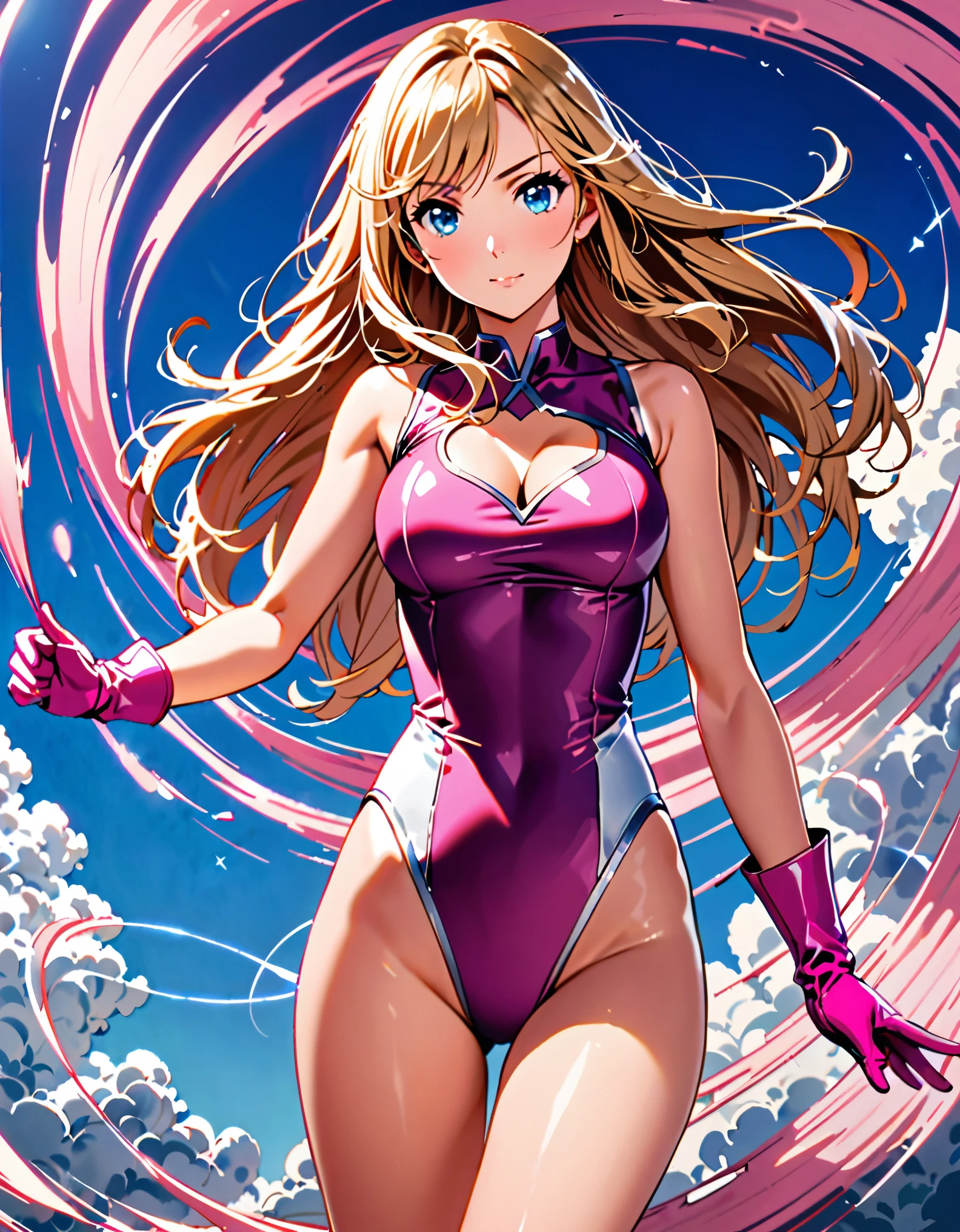 ((masterpiece)), ((best quality)), ((high res)), 1girl, solo, solo focus, ((leotard, perfect leotard, pink leotard, sleeveless, bare legs)), matching boots, looking at the viewer, blue sky backdrop, perfect hands, complete fingers, perfect anatomy, medium breasts, (blonde hair, long hair, mid-length hair, hair down, bangs), knee boots, blue eyes, beautiful detailed eyes, beautiful detailed face, cute face, ((cleavage heart cutout)), pink gloves, pink footwear, superhero, heroic, spread arms. (spins in place like a tornado, she spins at an incredible speed, creating a whirlwind of air around her,spiral lines around,cyclone winds around,tornado spinning).