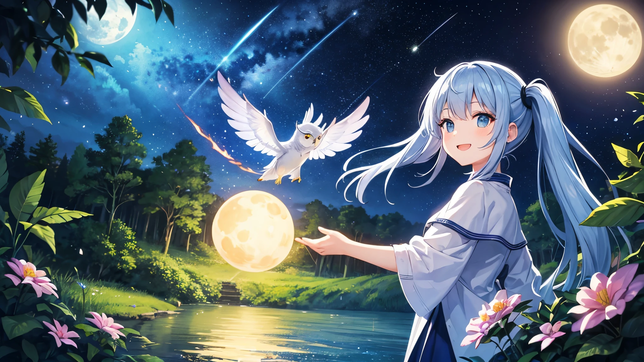((Ultra-detailed)), ((Best Illustration)), ((Cinema lighting)), Dynamic Angle, floating, Are you okay, (flash: 1.2), (Shine: 1.2), (Shine: 1.2), "(highest quality), Ultra-detailed depiction of beautiful girls, Light blue long hair、Twin tails、 Adorable smile、Great background、Fantasy、Fairy World、In the colorful forest、Surrounded by a large pure white owl and bright plants、Cinematic Colors、fresh, Starry Sky、dazzling moonlight、Big Moon、shooting star、milky way、A vibrant flower々