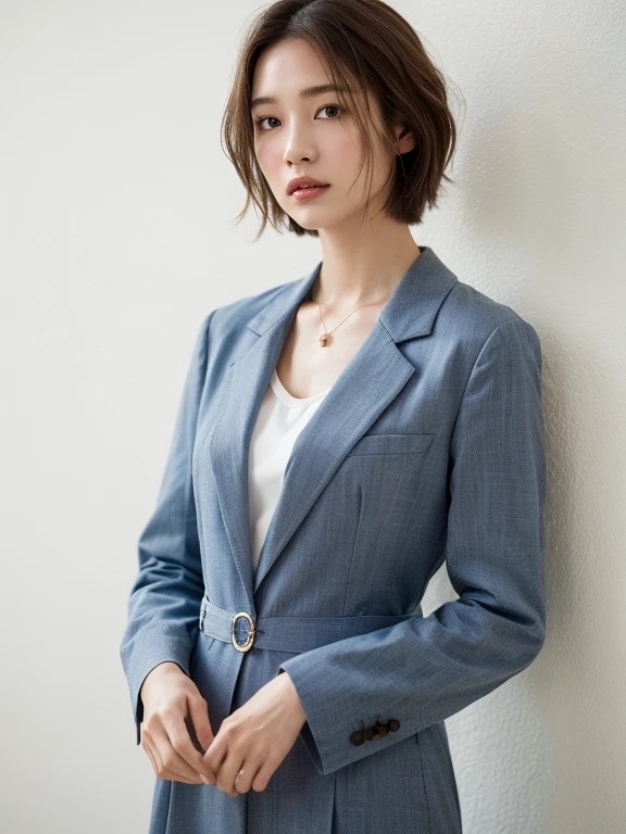 ((highest quality, 8k, masterpiece :1.3)), 1 girl, (Bob Hair、short hair,Photographed in front of a white wall :1.2)、Photographed in natural light、Navy tailored jacket :1.1, Angle from above、super Detailed face, Beautiful Eyes,(Highly realistic photos, High resolution, Detailed face, Beautiful Eyes)、Japanese women, Age 35, A variety of expressions, alone:1, Various Hair Styles, Formal attire, Only one person in the photo、Long sleeve dress、Photographed in natural light、Simple Necklace、Spring Clothes、Don't look at the camera、profile、Dark brown hair color