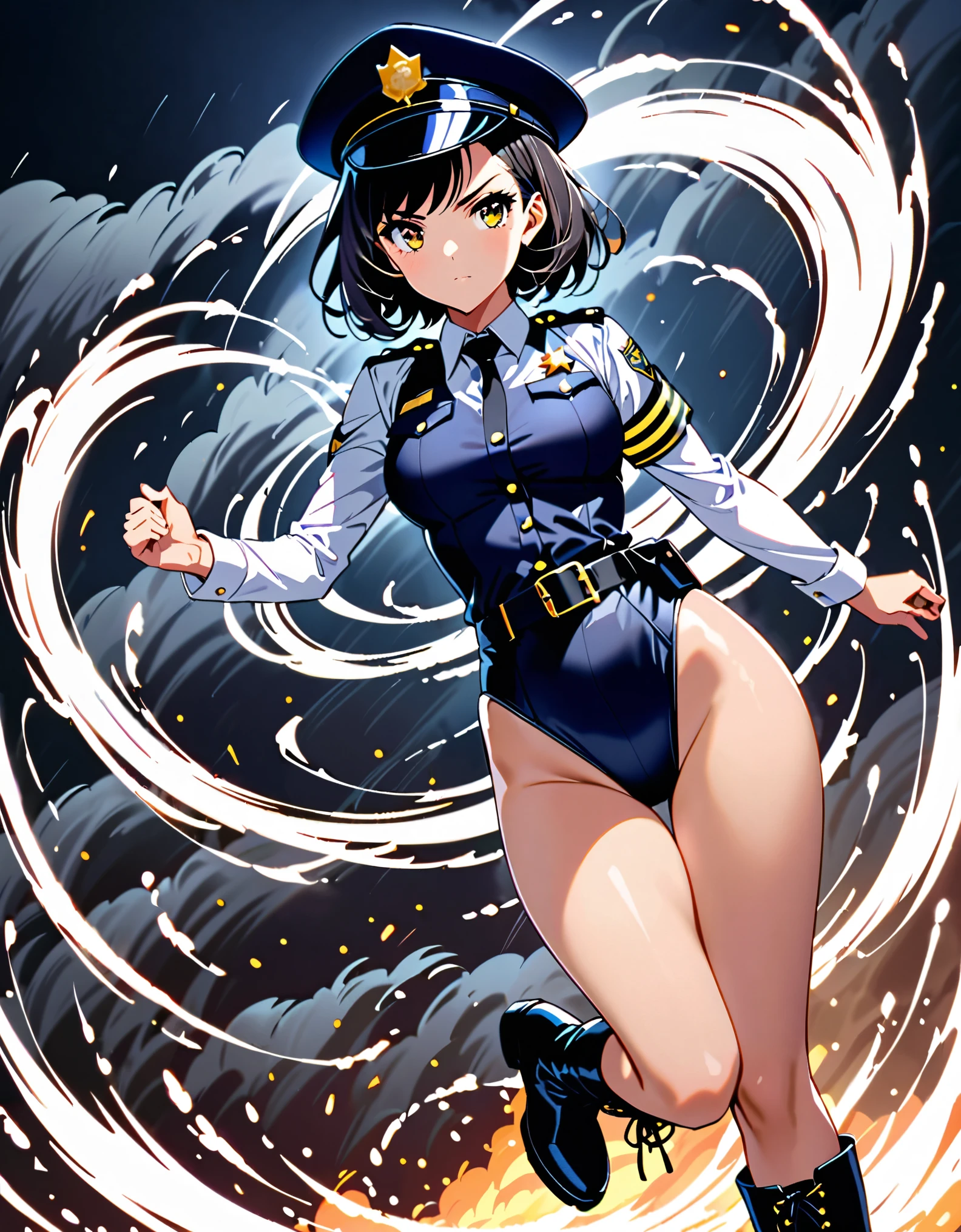 (masterpiece), (best quality), (high res),1girl, tall body, ((short hair, bob hair, jet black hair)), (hazel eyes) beautiful detailed eyes, beautiful detailed face, cute face, perfect hands, complete fingers, perfect , perfect proportions, ((hat, black police hat)), ((leotard, matching leotard,  legs)), ((boots, matching boots)), , , fingerless gloves, (full body portrait), looking at viewer, solo, solo focus, police uniform, cowboy shot, (belt, tight belt), (armbands, white sleeves), serious, crossed arms, full body costume design. ahoge, (spins in place like a tornado, she spins at an incredible speed, creating a whirlwind of air around her,spiral lines around,cyclone winds around,tornado spinning).