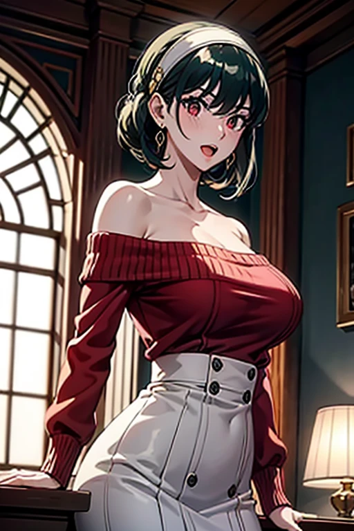 masterpiece, yor, 1girl, Bust A Cup, Amazing Cleavage:1.0, thin waist, big ass, Raised sexy, big breast: 1.2 posed cleavage:1.2、solo, looking at viewer, open mouth, black hair, red eyes, dress, bare shoulders, jewelry, collarbone, sidelocks, hairband, earrings, indoors, off shoulder, :o, sweater, arms behind back, plant, short hair with long locks, white hairband, off-shoulder dress, sweater dress, off-shoulder sweater, red sweater, big side hair, very long side hair,is rendered in (masterpiece: 1.2, best quality), with (ultra high resolution) and an exquisite (depth of field). This masterpiece is not only visually stunning but also tells
