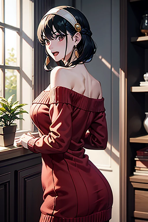 masterpiece, yor, 1girl, Bust A Cup, Amazing Cleavage:1.0, thin waist, big ass, Raised sexy, big breast: 1.2 posed cleavage:1.2、solo, looking at viewer, open mouth, black hair, red eyes, dress, bare shoulders, jewelry, collarbone, sidelocks, hairband, earrings, indoors, off shoulder, :o, sweater, arms behind back, plant, short hair with long locks, white hairband, off-shoulder dress, sweater dress, off-shoulder sweater, red sweater, big side hair, very long side hair,is rendered in (masterpiece: 1.2, best quality), with (ultra high resolution) and an exquisite (depth of field). This masterpiece is not only visually stunning but also tells