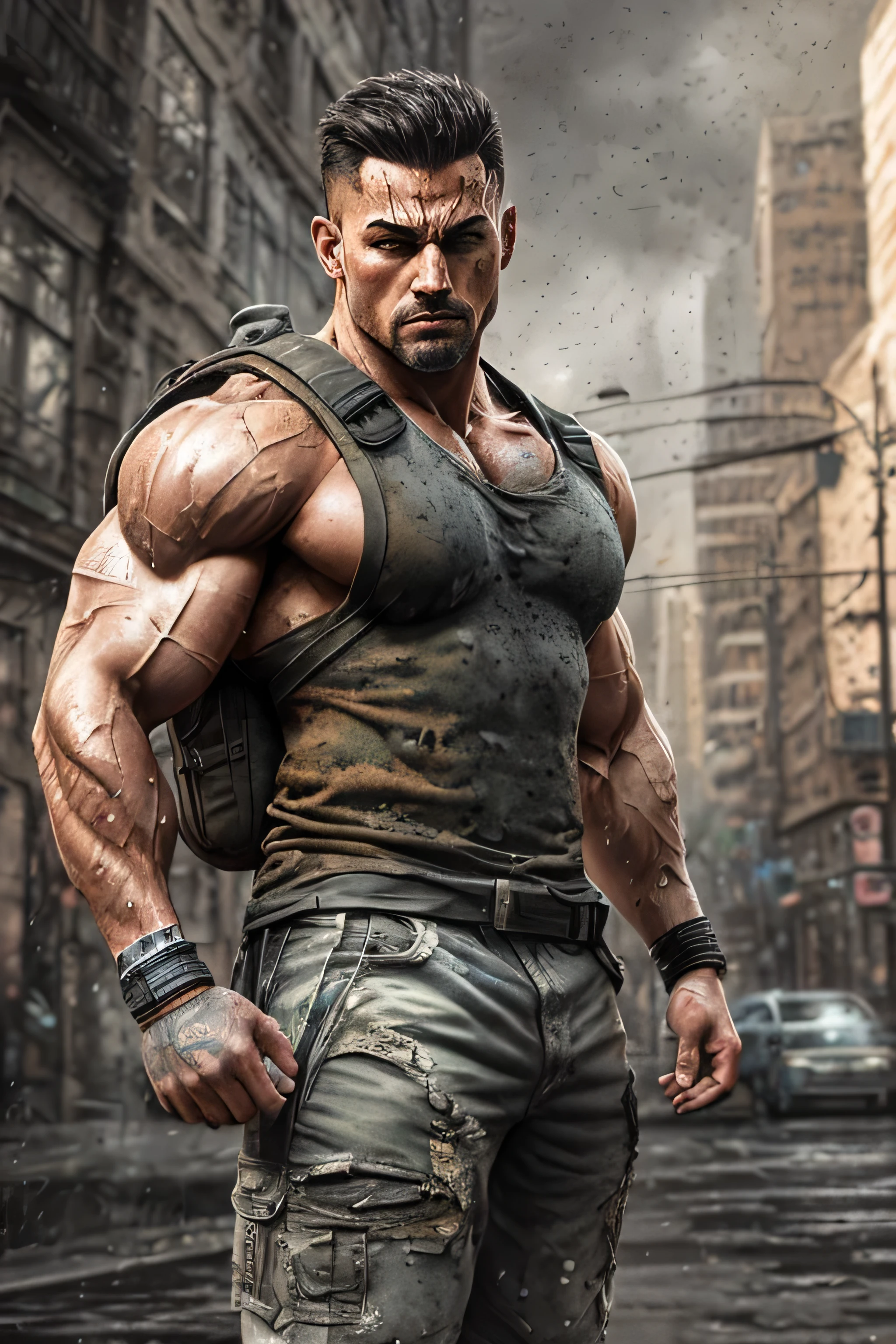 strong muscular man, street angry, backpack, epic realistic, photo, faded, complex stuff around, intricate background, soaking wet, neutral colors, ((((hdr)))), ((((muted colors)))), intricate scene, artstation, intricate details, vignette