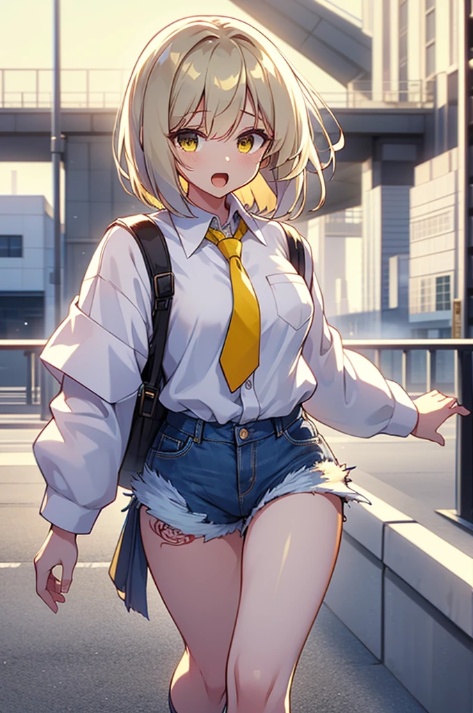 (masterpiece:1.1), (highest quality:1.1), (HDR:1.0), 1girl, perfect body, laugh, open mouth, (wearing white button_shirt with yellow tie), cut off denim shorts:0.5, sneakers, attractive, stylish, designer, black, asymmetrical, waterfront walkway, SAM YANG, Female, hmnc1, High detailed, full leg tattoos:1.5,retrobigguns, pastel color theme