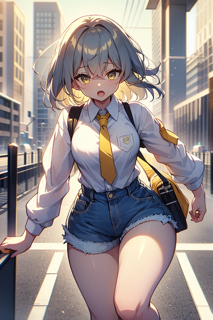 (masterpiece:1.1), (highest quality:1.1), (HDR:1.0), 1girl, perfect body, laugh, open mouth, (wearing white button_shirt with yellow tie), cut off denim shorts:0.5, sneakers, attractive, stylish, designer, black, asymmetrical, waterfront walkway, SAM YANG, Female, hmnc1, High detailed, full leg tattoos:1.5,retrobigguns, pastel color theme