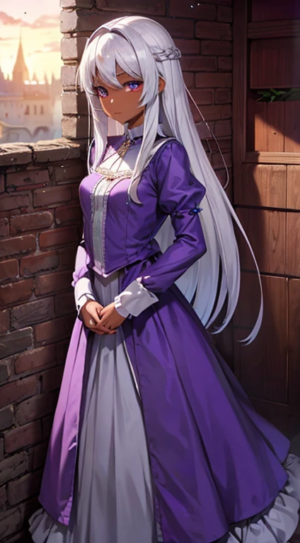 Lady ultamia, rare, time maiden, baggy gown, beautiful girl, long silver hair, Violet eyes, dark skin, town,