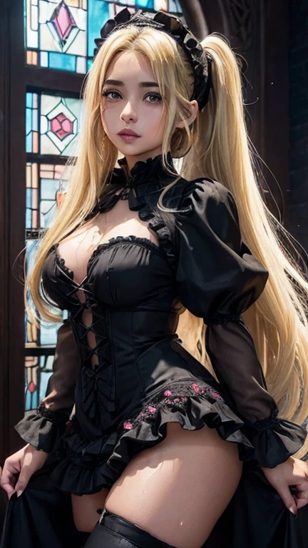(Latina woman:2)、Hard Dark Gothic Makeup、deep night sky、Horror、Black dark eyeshadow、cry、sad、Good skin radiance、Dark Gothicメイク、Dark smile、palace、The beauty of fragrance、24-years-old、Expression of intense sexual pleasure、Embarrassed look、Dark Gothic、Obscene language、highest quality、View 5 books、Expression of sexual pleasure in suffering、Drunk face、紫のMaid clotheysterious、Noble、A face that is holding back the toilet、sexy、Loving smile、Twin tail hair、jet black ruffle skirt、Right blue eye, Left eye is red、Super bewitching pose、Platform Heel Shoes、Heavy makeup、Gothic ta Clothing、A little slimmer、(Blonde Hair:1.4)、Long Hair Straight Hair、Cute Gothic Loliress、Beautiful Face、elegant features、Fascinating face、Knee-high socks、Stained glass background、Chest glistening with sweat、The room is dark、goth long dress、Bell Sleeves、Wizard Sleeve、decadent look、Sexually excited expression、Gothic Mode、Glossy thighs wet with water、Thighs that are wet and shiny with oil、Background of a room full of roses、sad expression、Rose Maiden、The embroidery is pink、The dress has pink embroidery、Thigh-high socks、Knee-high socks、Gentle expression、masturbation behavior、Dark black eyeshadow、despicable act、Stained glass and rose background、Wearing black underwear、Black panties、thighs are a little thin、Female Duo、female couple、I have lesbian friends、hug a girl、A blue lightning bolt glows in his right hand.、Blue electromagnetic waves shine in my hands.、dark church background、Stained glass、black metal world、Dark Castle、Dark Room、Slender body、upright、walk、Are standing、gothic long dresaid clothes、Victorian dresses、Her thighs glisten with sweat、My body is wet and shiny、Lots of glitter on the thighs、sweating、My thighs are sticky from sweating、Sweat glistens on the thighs, The whole body is sweaty and shiny、pretty sweaty、My thighs are sweaty、My thighs are so wet、My thighs are shining with sweat、A lot of sweat glistens all over the body、The thighs are the best、