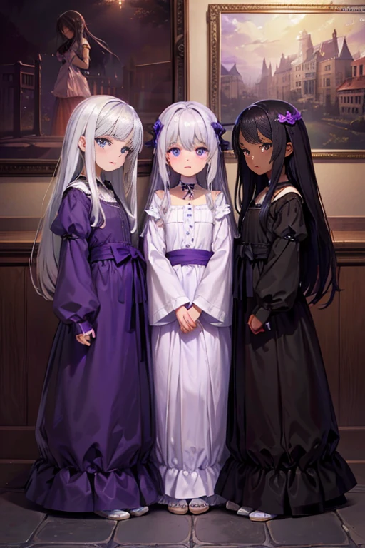 Triplets, rare, time maiden, baggy gown, beautiful girls, long silver hair, Violet eyes, dark skin, town, mansion,