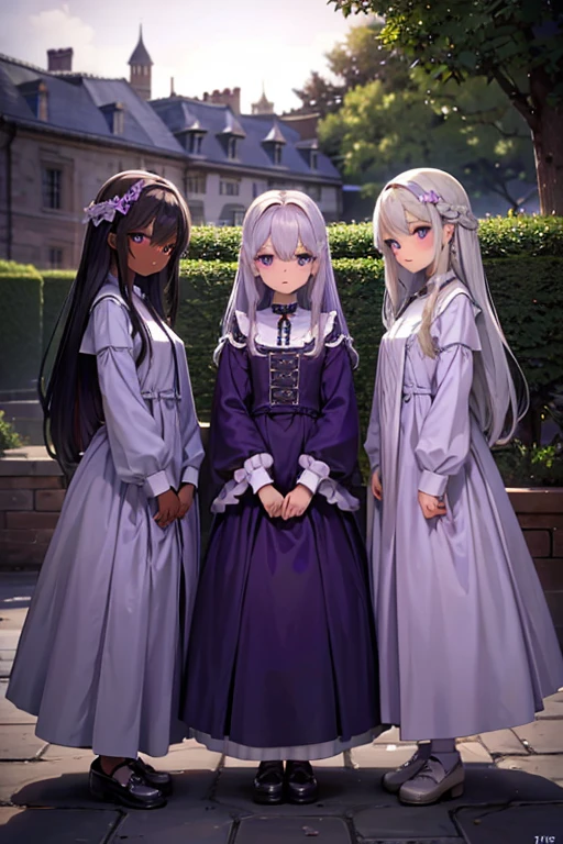 Triplets, rare, time maiden, baggy gown, beautiful girls, long silver hair, Violet eyes, dark skin, town, mansion,