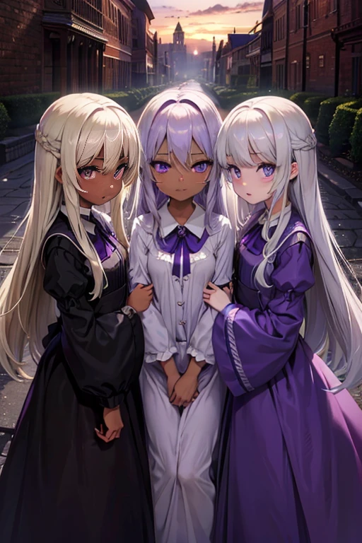 Triplets, rare, time maiden, baggy gown, beautiful girls, long silver hair, Violet eyes, dark skin, town, mansion,