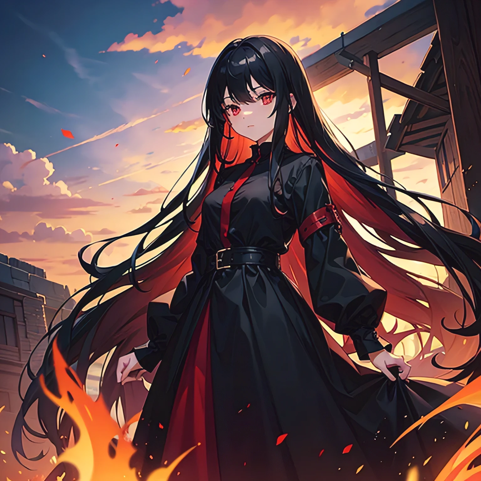 Young woman, black hair, long hair, red eyes, black dress, long dress, red sky