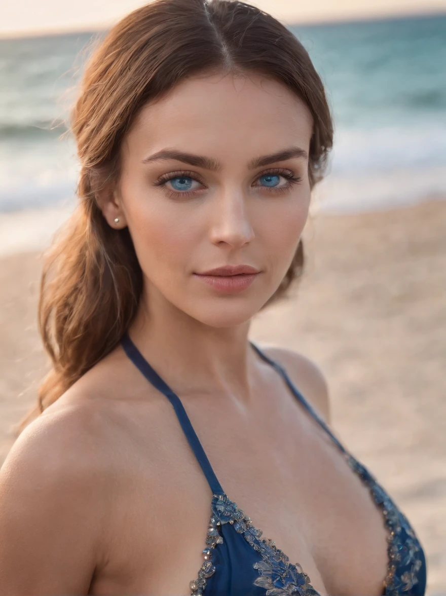 foto profissional de corpo inteiro, alto detalhe, pele realista. As the camera pans across the beach, the magical bokeh of the lights creates a dreamlike atmosphere. No centro da praia, is a 45 year old MILF goddess, corpo musculoso e cabelos pretos , boca grande, fleshy lips and blue eyes. She is wearing a pair of sparkling earrings and a thong bikini with a generous neckline drawing attention to her large breasts., adding a touch of mystery to its already intriguing presence. its intricate details adding to the overall cinematic feel of the scene.