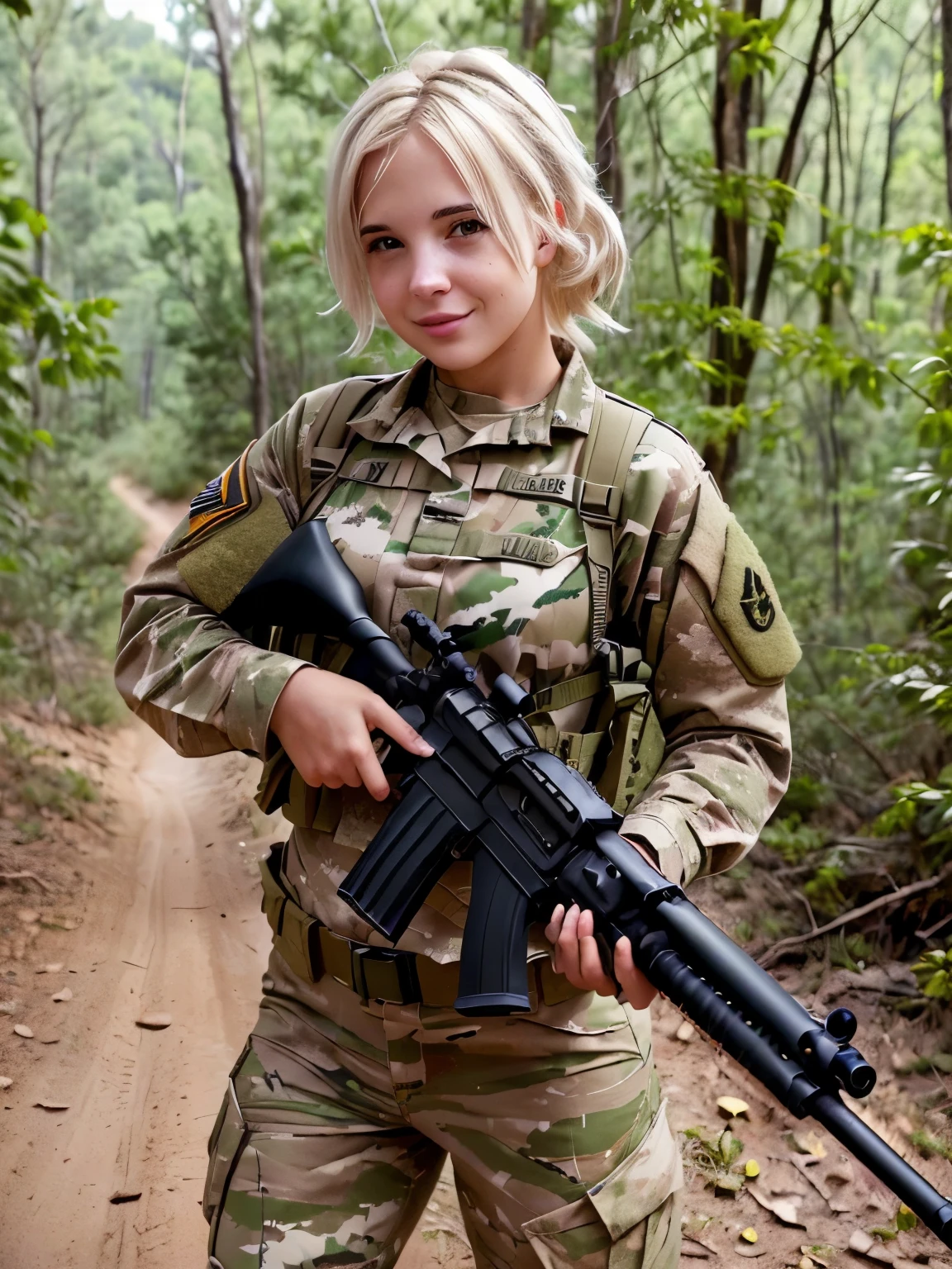 A female soldier named (monroe : 1.5) wearing full army uniform and rolding a hunting rifle in the middle of the woods in Africa