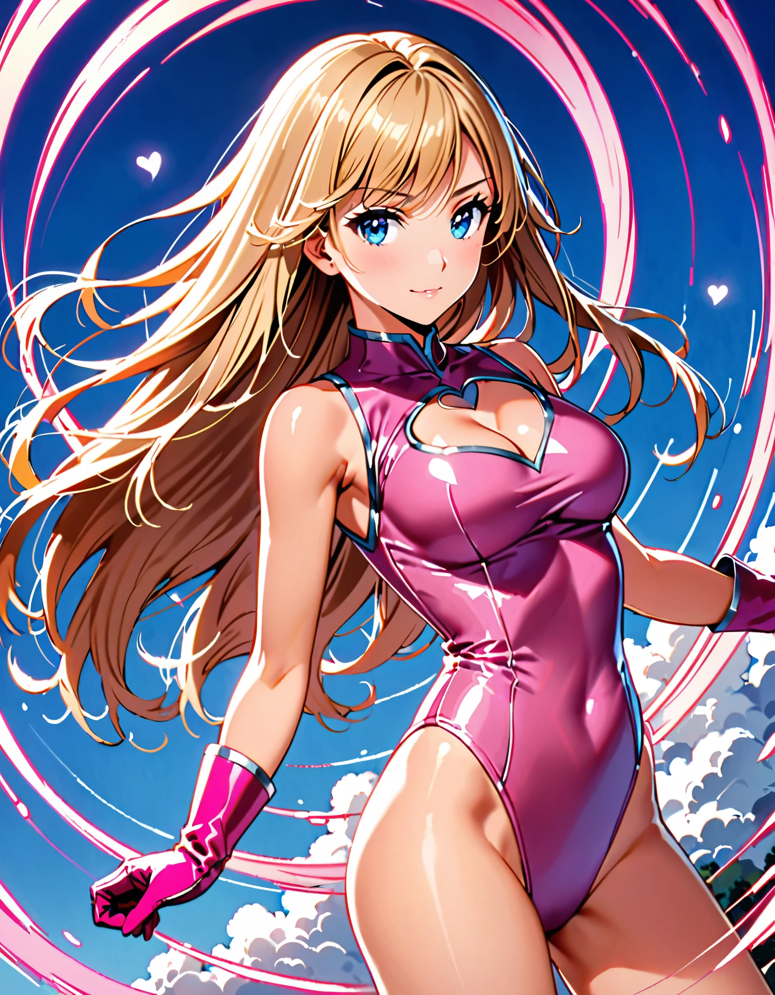 ((masterpiece)), ((best quality)), ((high res)), 1girl, solo, solo focus, ((leotard, perfect leotard, pink leotard, sleeveless, bare legs)), matching boots, looking at the viewer, blue sky backdrop, perfect hands, complete fingers, perfect anatomy, medium breasts, (blonde hair, long hair, mid-length hair, hair down, bangs), knee boots, blue eyes, beautiful detailed eyes, beautiful detailed face, cute face, ((cleavage heart cutout)), pink gloves, pink footwear, superhero, heroic, spread arms. (spins in place like a tornado, she spins at an incredible speed, creating a whirlwind of air around her,spiral lines around,cyclone winds around).