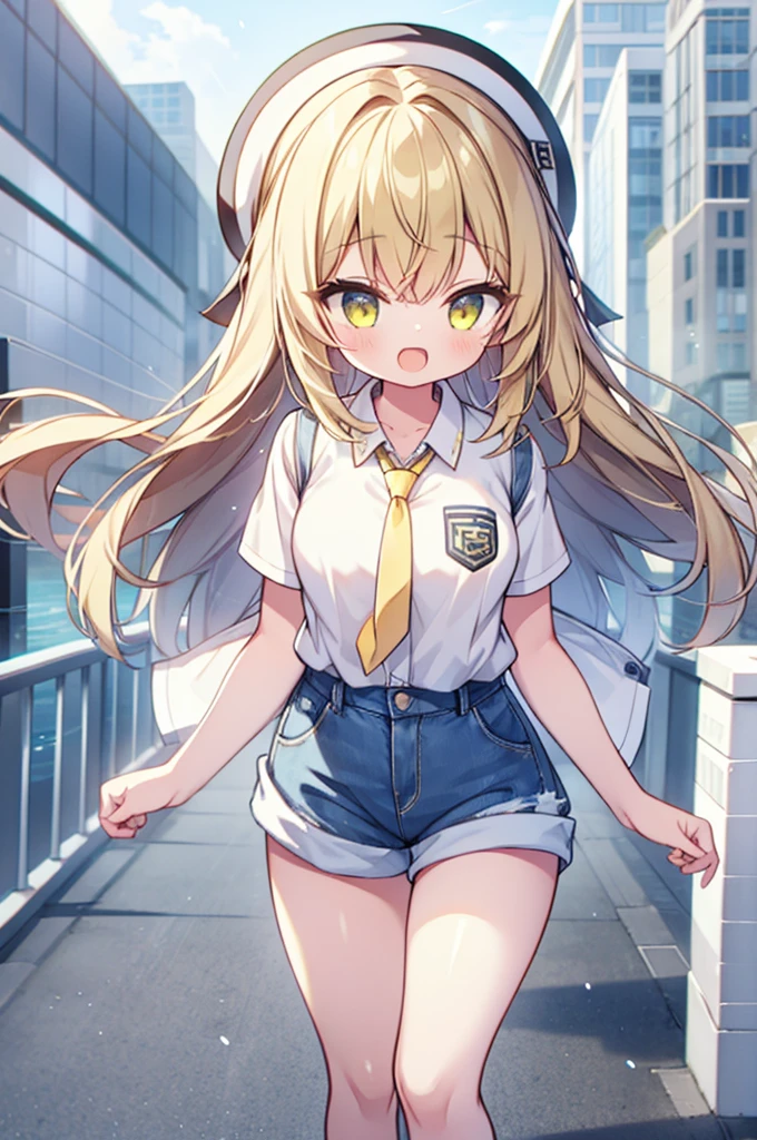 (masterpiece:1.1), (highest quality:1.1), (HDR:1.0), 1girl, perfect body, laugh, open mouth, (wearing white button_shirt with yellow tie), cut off denim shorts:0.5, sneakers, attractive, stylish, designer, black, asymmetrical, waterfront walkway, SAM YANG, Female, hmnc1, High detailed, full leg tattoos:1.5,retrobigguns, pastel color theme