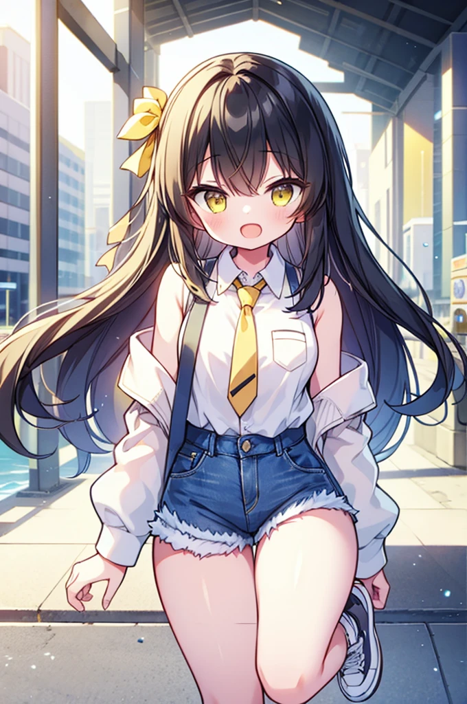 (masterpiece:1.1), (highest quality:1.1), (HDR:1.0), 1girl, perfect body, laugh, open mouth, (wearing white button_shirt with yellow tie), cut off denim shorts:0.5, sneakers, attractive, stylish, designer, black, asymmetrical, waterfront walkway, SAM YANG, Female, hmnc1, High detailed, full leg tattoos:1.5,retrobigguns, pastel color theme