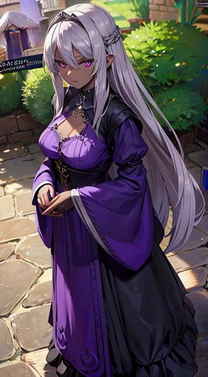 Lady ultamia, rare, time maiden, baggy gown, beautiful girl, long silver hair, Violet eyes, dark skin, town,