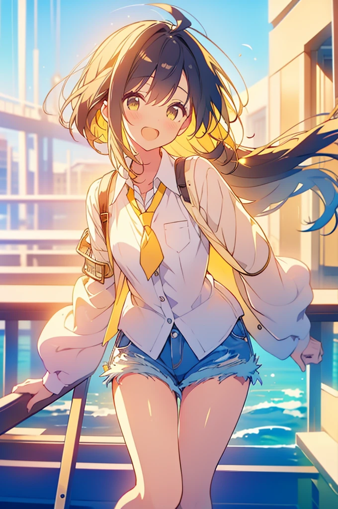 (masterpiece:1.1), (highest quality:1.1), (HDR:1.0), 1girl, perfect body, laugh, open mouth, (wearing white button_shirt with yellow tie), cut off denim shorts:0.5, sneakers, attractive, stylish, designer, black, asymmetrical, waterfront walkway, SAM YANG, Female, hmnc1, High detailed, full leg tattoos:1.5,retrobigguns, pastel color theme