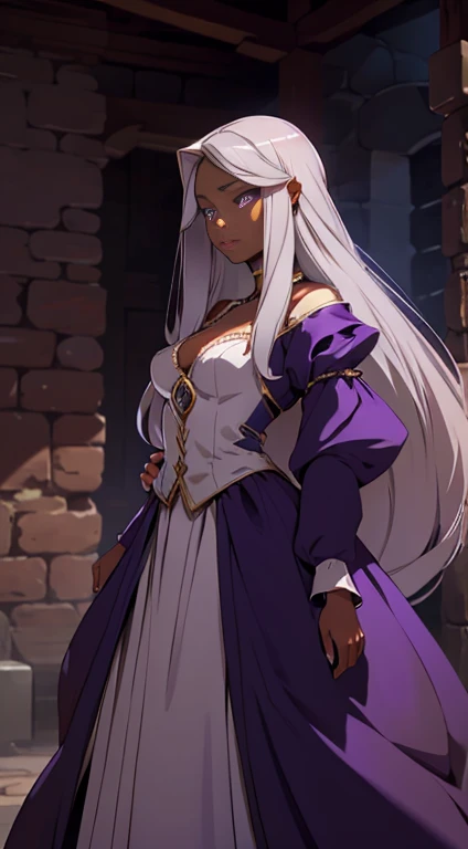 Lady ultamia, rare, time maiden, baggy gown, beautiful girl, long silver hair, Violet eyes, dark skin, town,