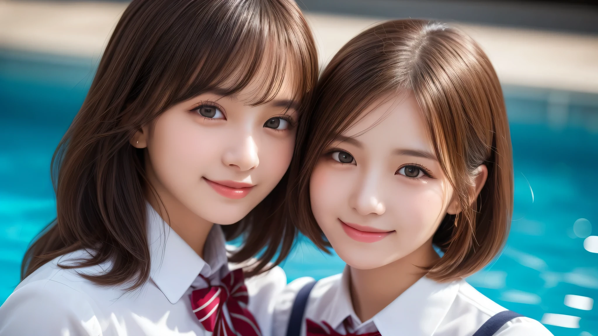 (2girl), enchanting smile, (extremely detailed beautiful face), (highly detailed eyes, highly detailed face), (mid bob hair), (high school uniform), Fresh, very clean appearance, (best Quality:1.4), (hyper-realistic, hight resolution), Professional Photography, standing, Outdoors, Close up portrait of girl, staring at me, into the pool
