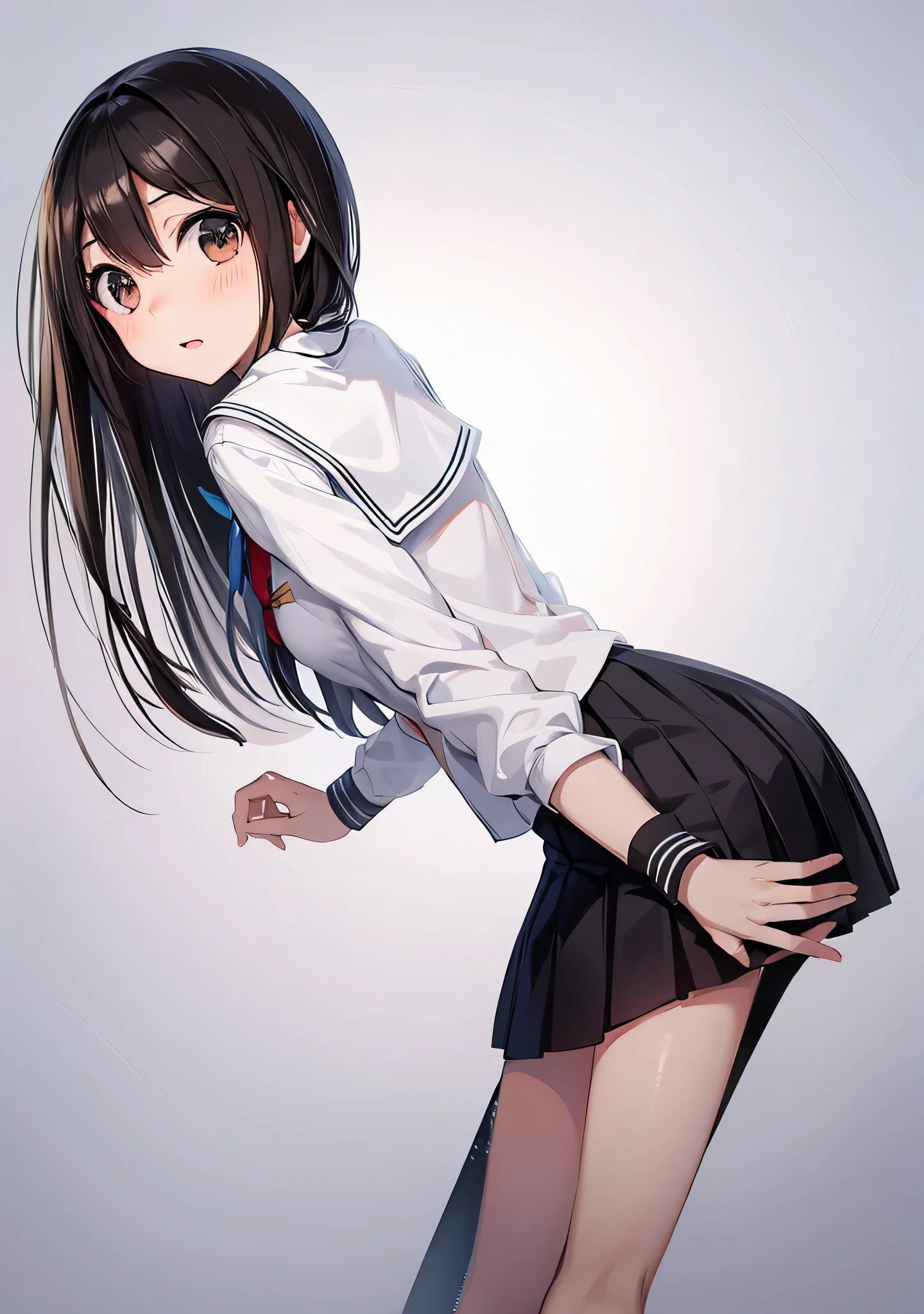 an anime character with long brown tresses and a short skirt in sailor outfit, holding a bow and arrow, 1girl, solo, school uniform, serafuku, long hair, black hair, skirt, looking at viewer, white background, simple background, black serafuku, pleated skirt, blush