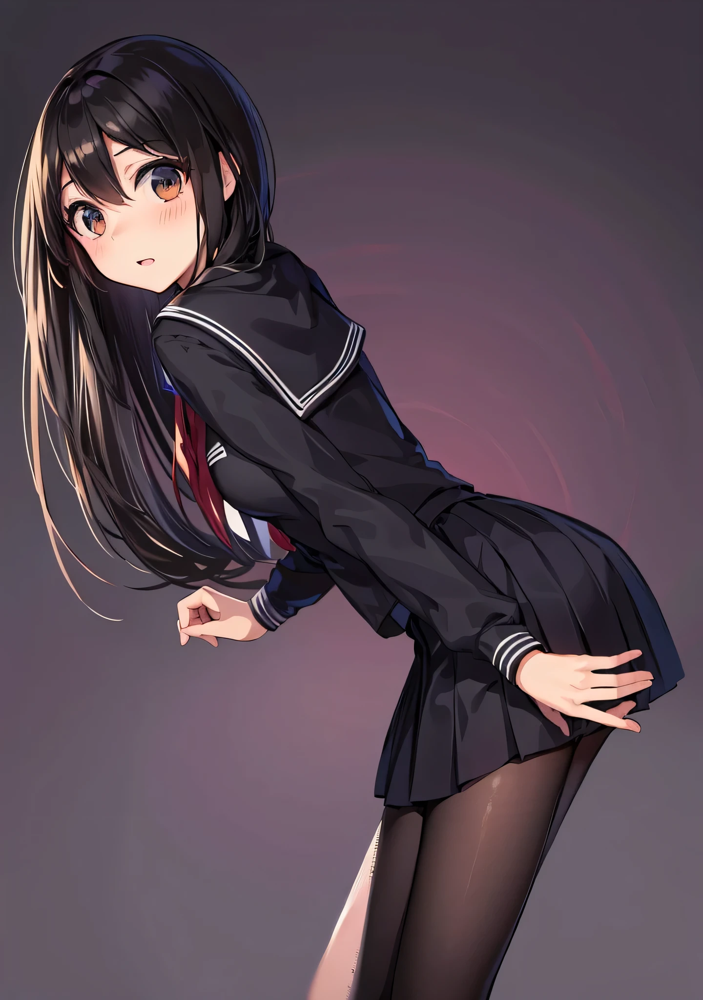 an anime character with long brown tresses and a short skirt in sailor outfit, holding a bow and arrow, 1girl, solo, school uniform, serafuku, long hair, black hair, skirt, looking at viewer, white background, simple background, black serafuku, pleated skirt, blush