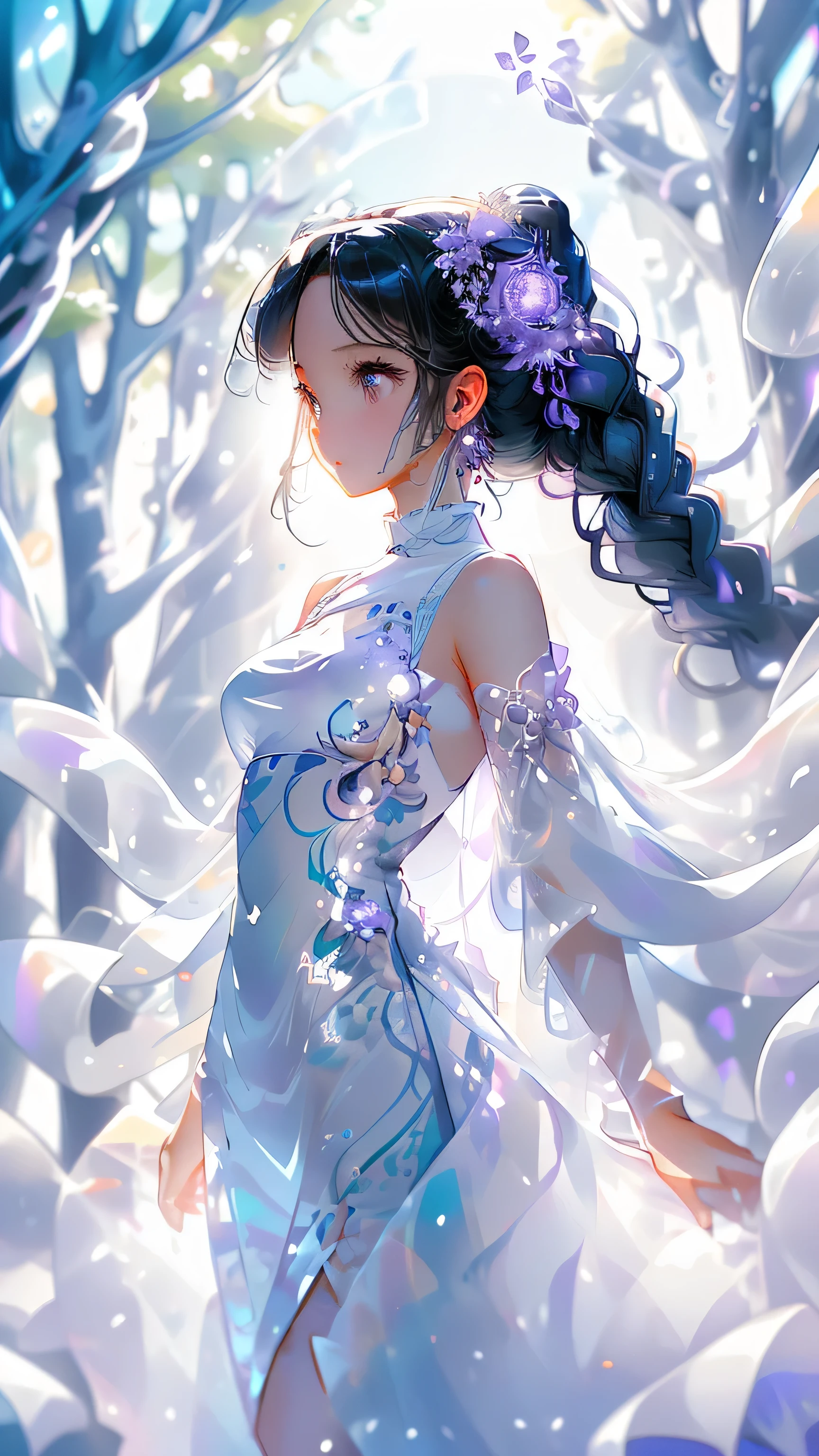 Picture a high resolution, 1:1.25 aspect ratio image of a single girl in a masterpiece-quality scene. The girl is dressed in a pristine,MXMK White Dress that cascades around her, revealing a bare shoulder adorned with intricate braids. Her eyes are a captivating shade of purple, reflecting an mysterious allure. The dress, made of the finest, shimmering fabric, catches the light, creating an ethereal glow that surrounds her. The background is a soft, dreamy landscape with a clear blue sky and fluffy white clouds. The trees around are lush and green, and the sun begins to set, casting a warm,