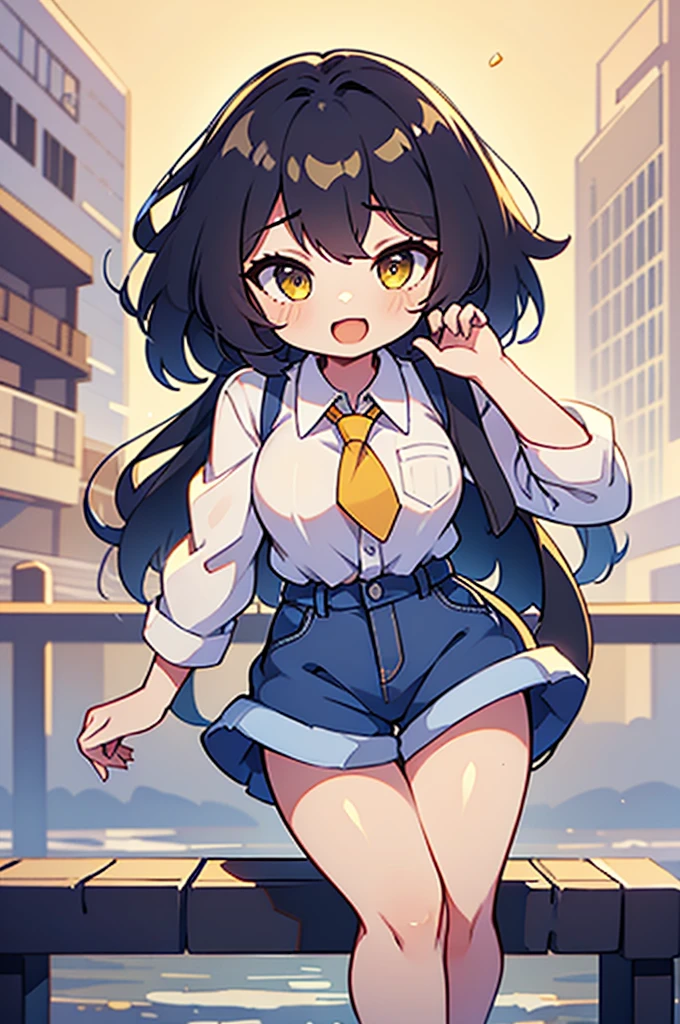 (masterpiece:1.1), (highest quality:1.1), (HDR:1.0), 1girl, perfect body, laugh, open mouth, (wearing white button_shirt with yellow tie), cut off denim shorts:0.5, sneakers, attractive, stylish, designer, black, asymmetrical, waterfront walkway, SAM YANG, Female, hmnc1, High detailed, full leg tattoos:1.5,retrobigguns, pastel color theme
