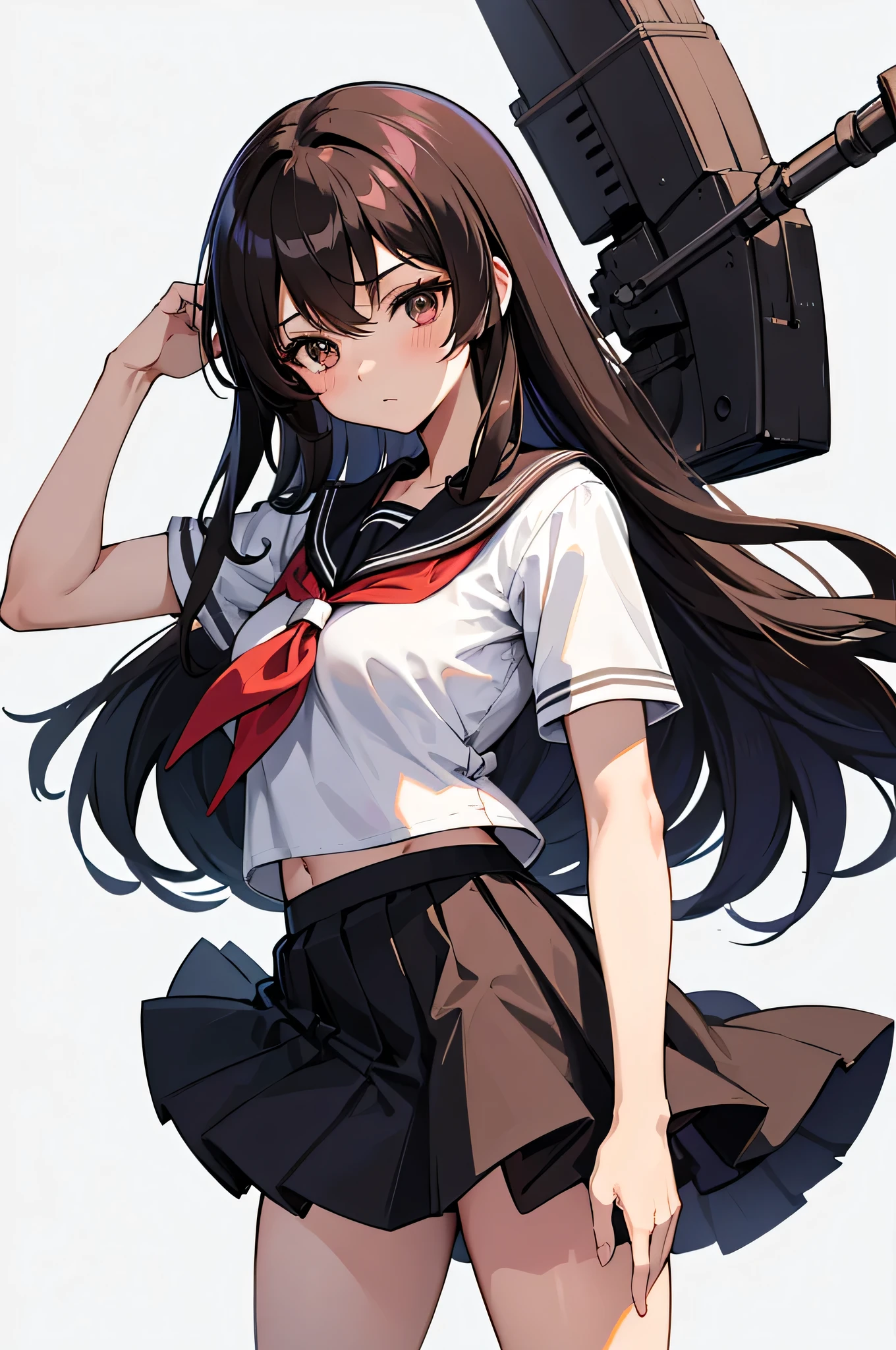 an anime character with long brown tresses and a short skirt in sailor outfit, holding a bow and arrow, 1girl, solo, sexy short school uniform, sexy serafuku, long hair, black hair, cowboy skirt, looking at viewer, white background, simple background, black serafuku, pleated skirt, blush, low back angle