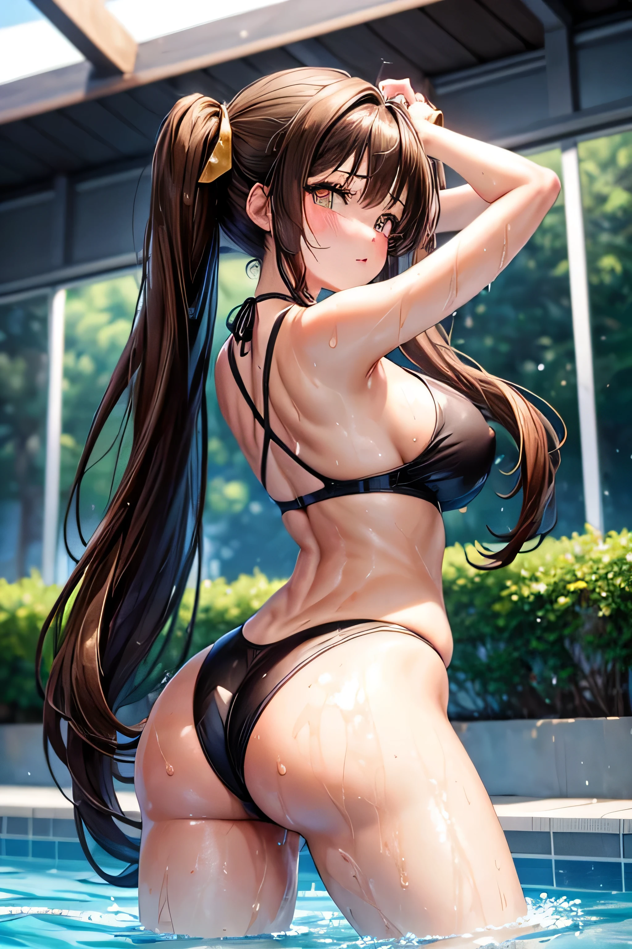 High resolution, high quality, One girl, Anime Girls, dark brown hair,long hair,twintails,dark brown eyes,heart shaped pupils, Large Breasts,beautiful breasts,long nipples, (Big Ass),beautiful ass,sweat,wet,Embarrassed,[[During pregnancy]],gold highleg swimsuit,standing,leg lift,arms behind head,at pool side,