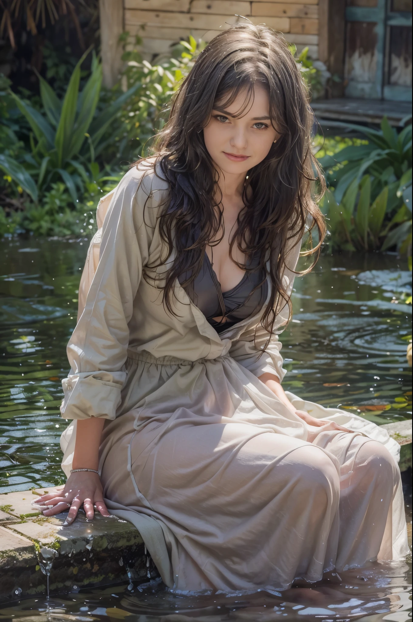 30 yo australian woman sitting in garden pond, wet clothes, soaked, cardigan, long skirt, wet skin, in waist deep, wet hair, clear sunny day, shadows, tranquil, soaked in oil, dripping oil, dripping water, running water, high resolution, best quality, alluring, wet straight dark hair, 8k, wet, jewelry, looking at viewer, smile, varied poses