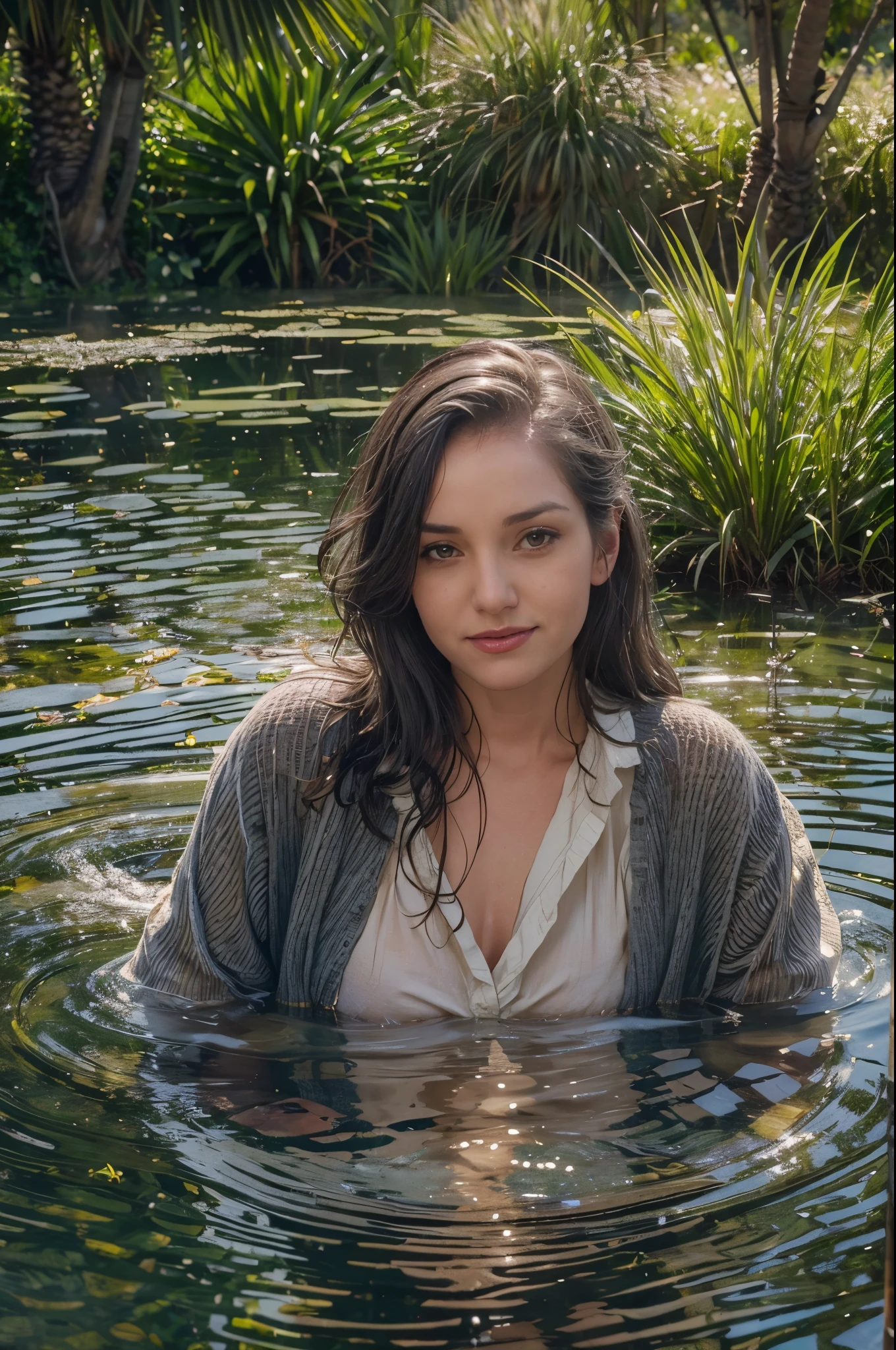 30 yo australian woman sitting in garden pond, wet clothes, soaked, cardigan, long skirt, wet skin, in waist deep, wet hair, clear sunny day, shadows, tranquil, soaked in oil, dripping oil, dripping water, running water, high resolution, best quality, alluring, wet straight dark hair, 8k, wet, jewelry, looking at viewer, smile, varied poses