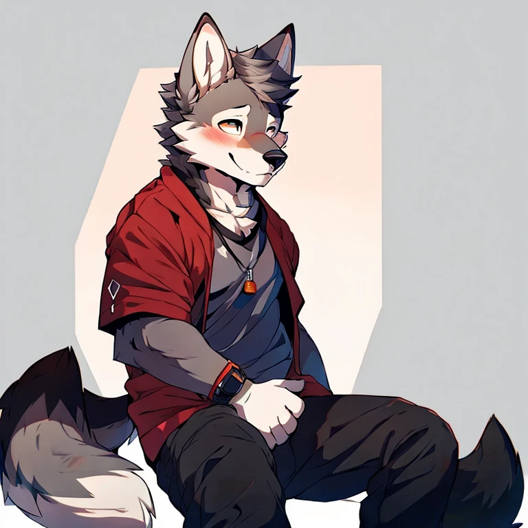 man,Gray wolf,Modern Background,Blushing,Tight Fit,Sitting,Showing White