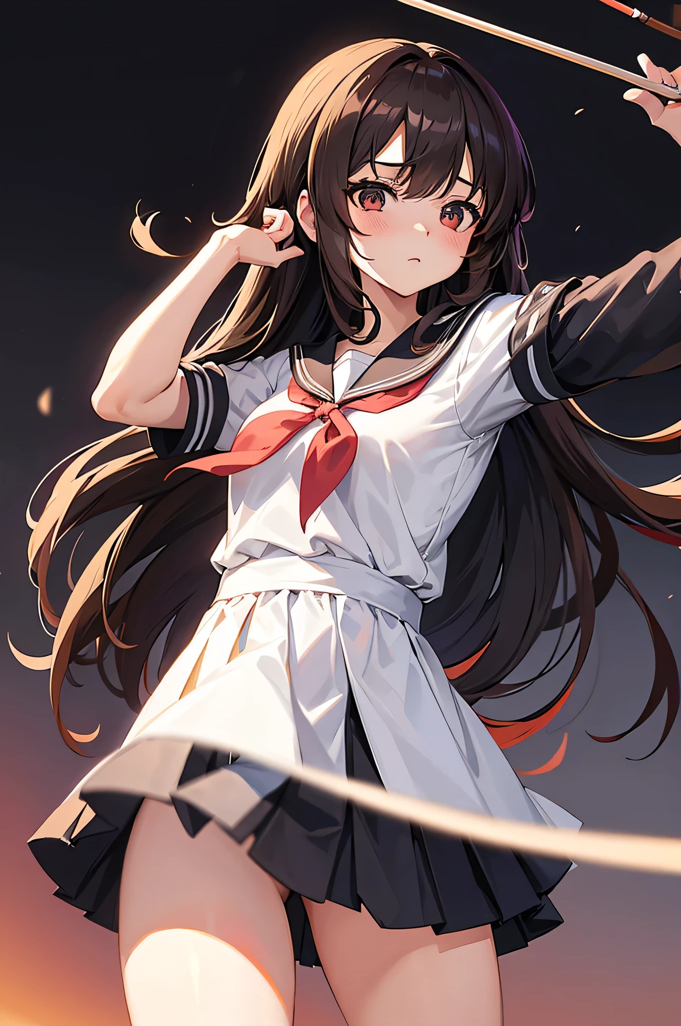 an anime character with long brown tresses and a short skirt in sailor outfit, holding a bow and arrow, 1girl, solo, sexy short school uniform, sexy serafuku, long hair, black hair, cowboy skirt, looking at viewer, white background, simple background, black serafuku, pleated skirt, blush, low back angle