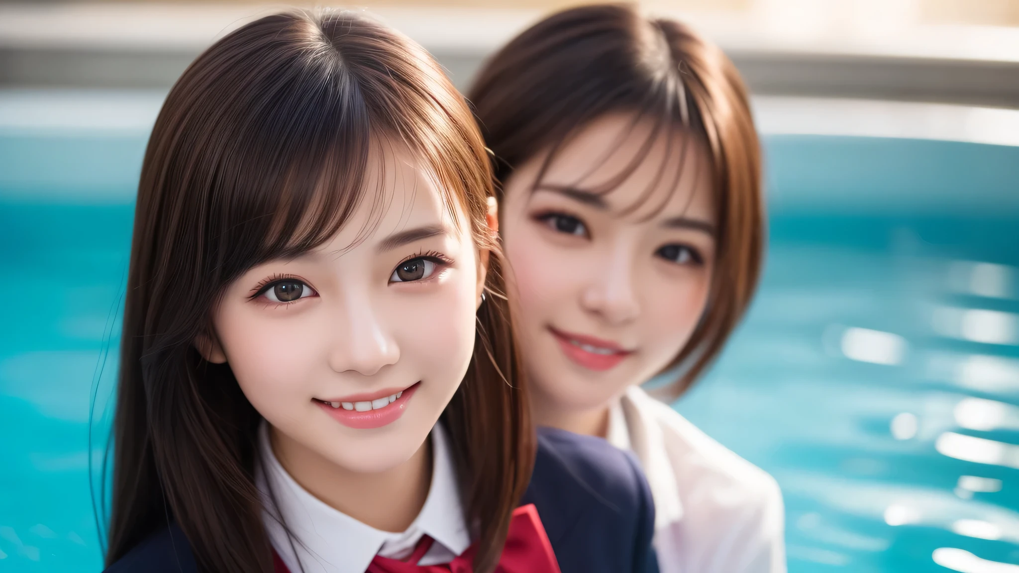 (2girl), enchanting smile, (extremely detailed beautiful face), (highly detailed eyes, highly detailed face), (mid bob hair), (high school uniform), Fresh, very clean appearance, (best Quality:1.4), (hyper-realistic, hight resolution), Professional Photography, standing, Outdoors, Close up portrait of girl, staring at me, into the pool